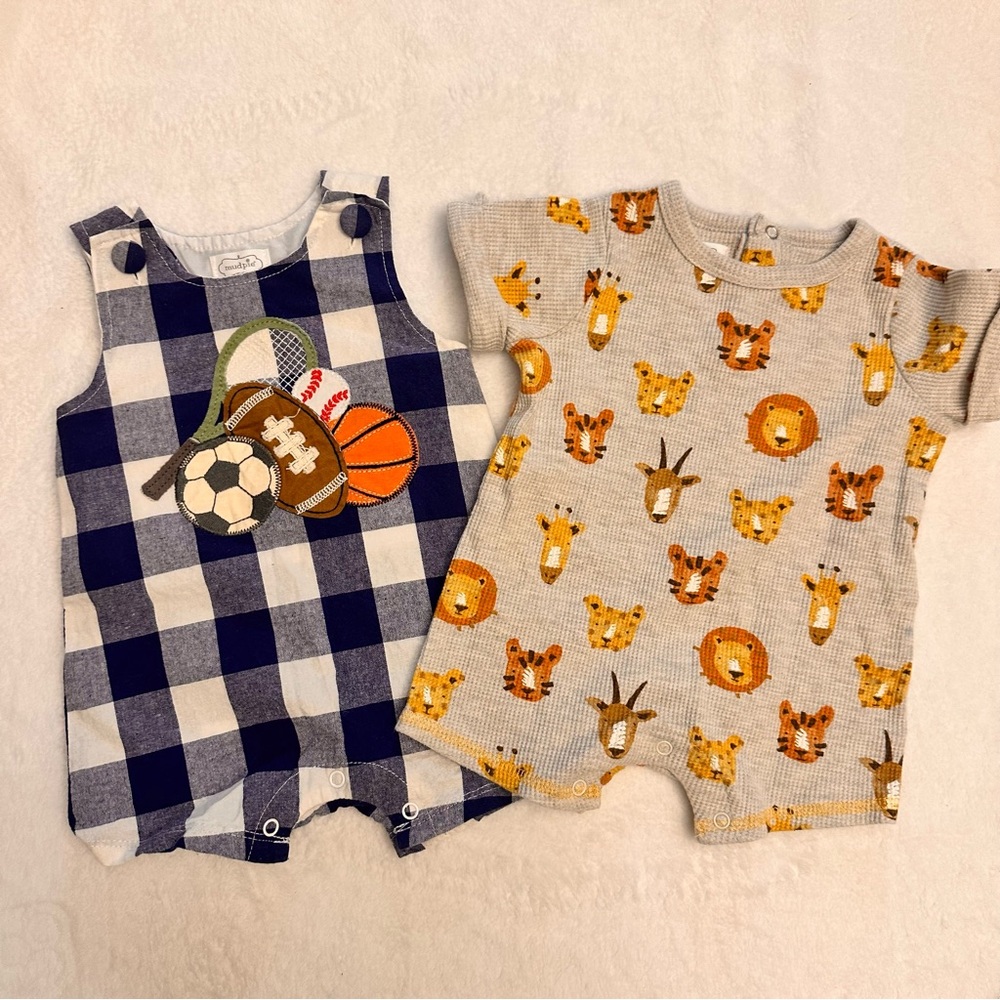 EUC Mud Pie blue gingham sports applique & grey knit safari animal rompers 3/6mo